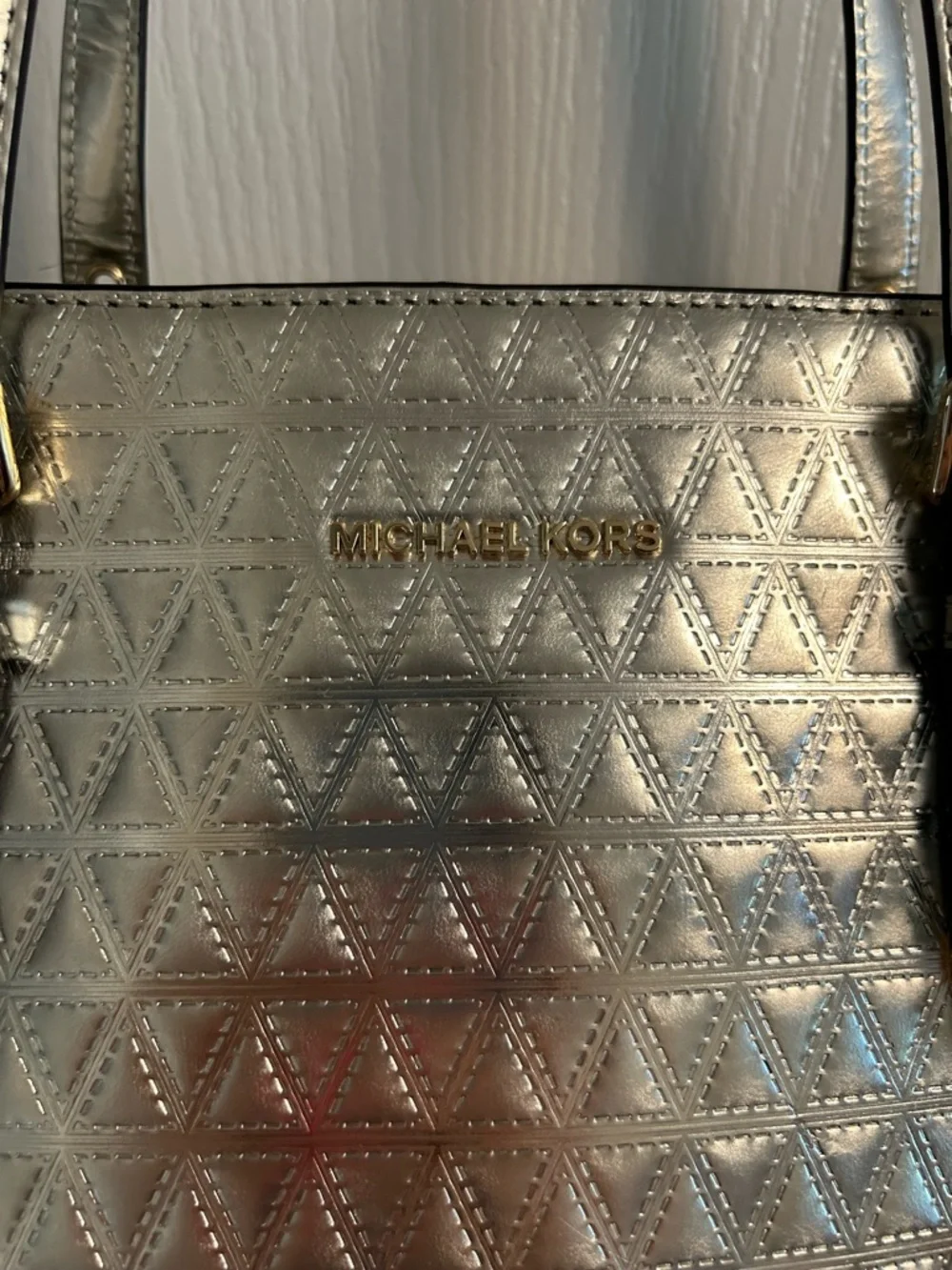 Michael Kors Metallic Silver Quilted Tote with MK Charm - Picture 2 of 15